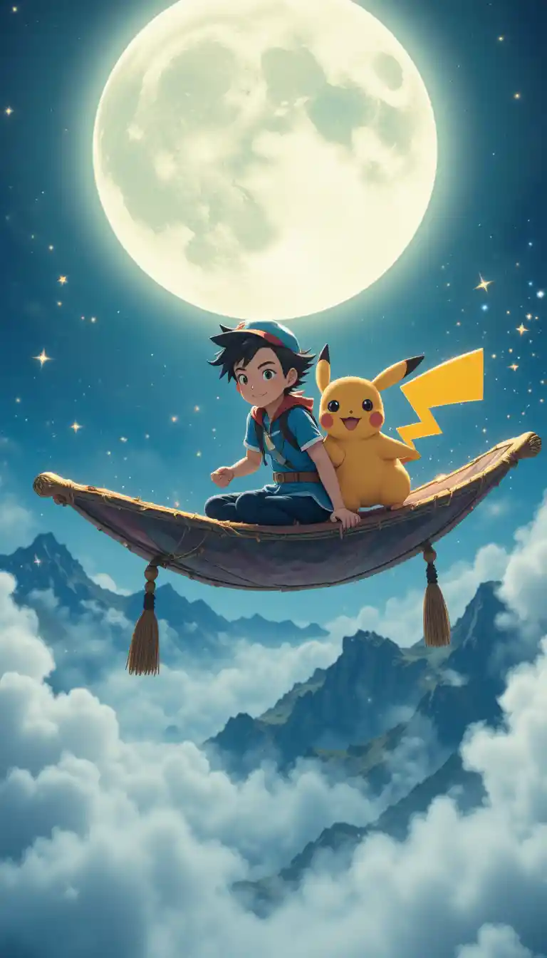 Boy And Pikachu Flying On A Magic Carpet Under Moonlight