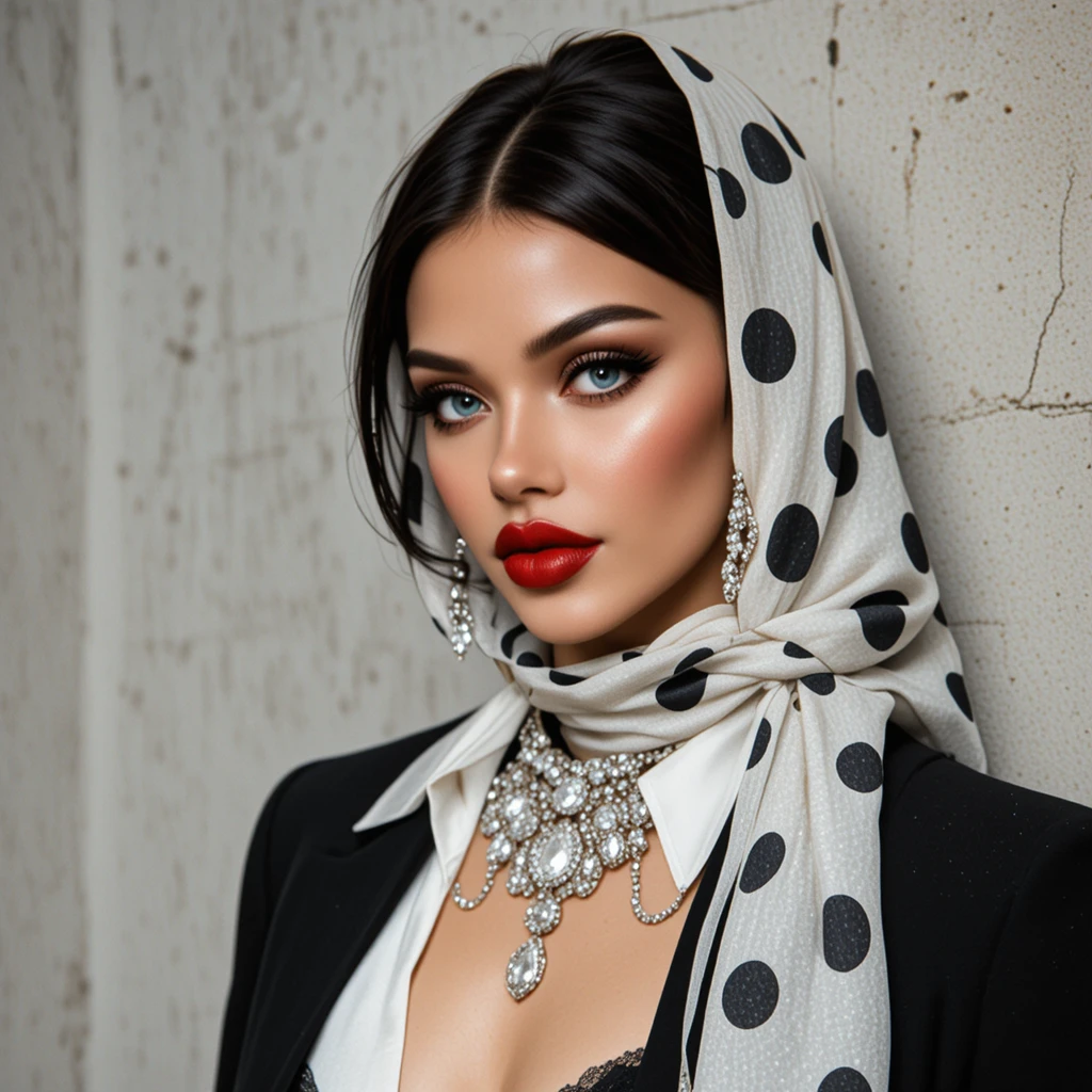 Portrait d’une femme élégante avec foulard à pois et bijoux en diamant