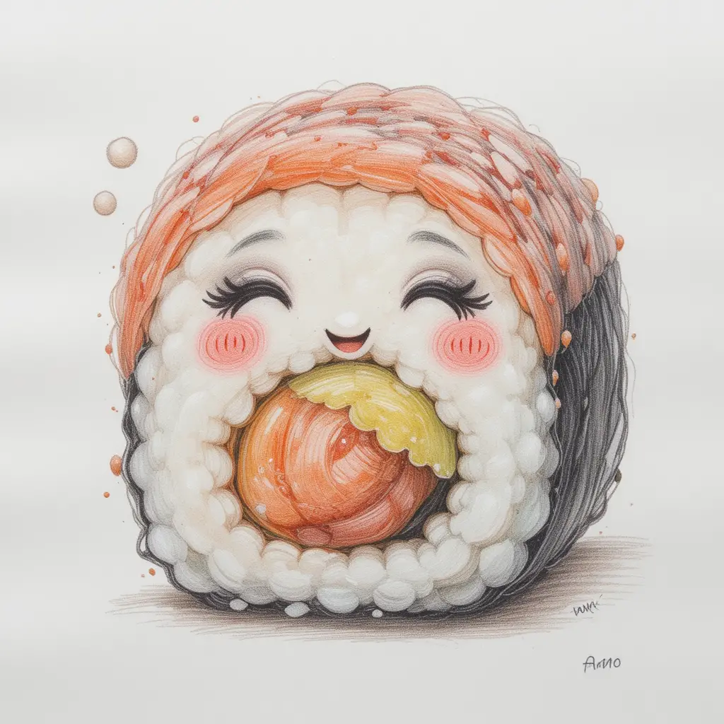 Cheerful Sushi Roll Pencil Drawing On White Background
