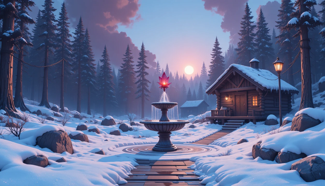 Pixel art forest cabin with snowdrifts and glowing anomalies