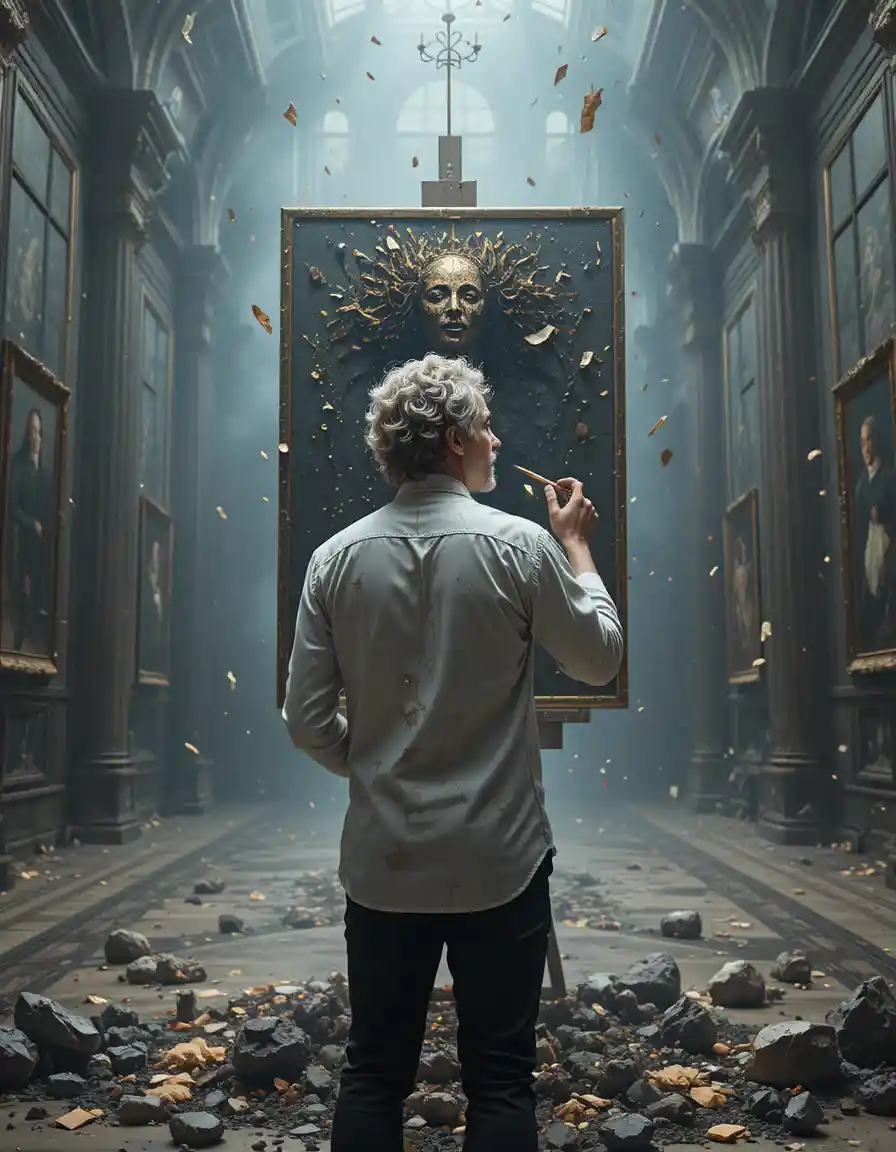 Middle aged man painting in a grand mystical hall