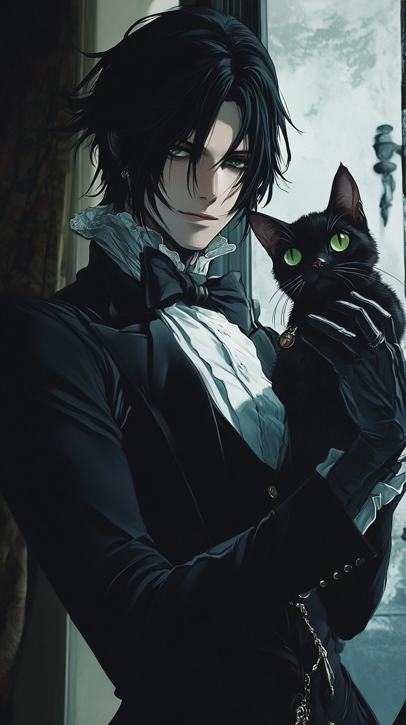 Homme anime en pose de ballet tenant un adorable chat noir
