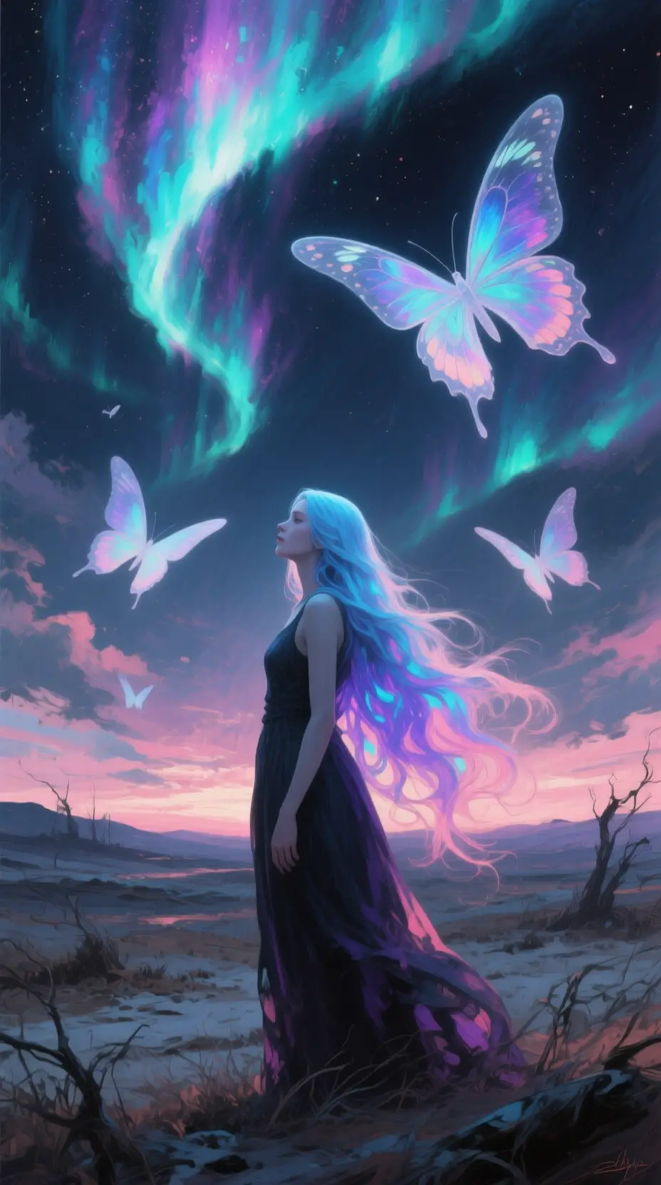Woman in aurora sky with ghostly butterflies