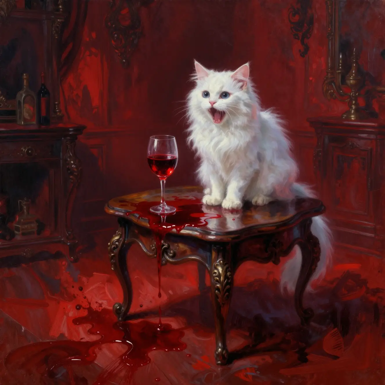 Gothic cat watching spilled red wine on dark table