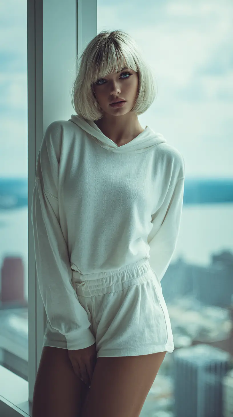 Blonde fashion model in white hoodie by city windows