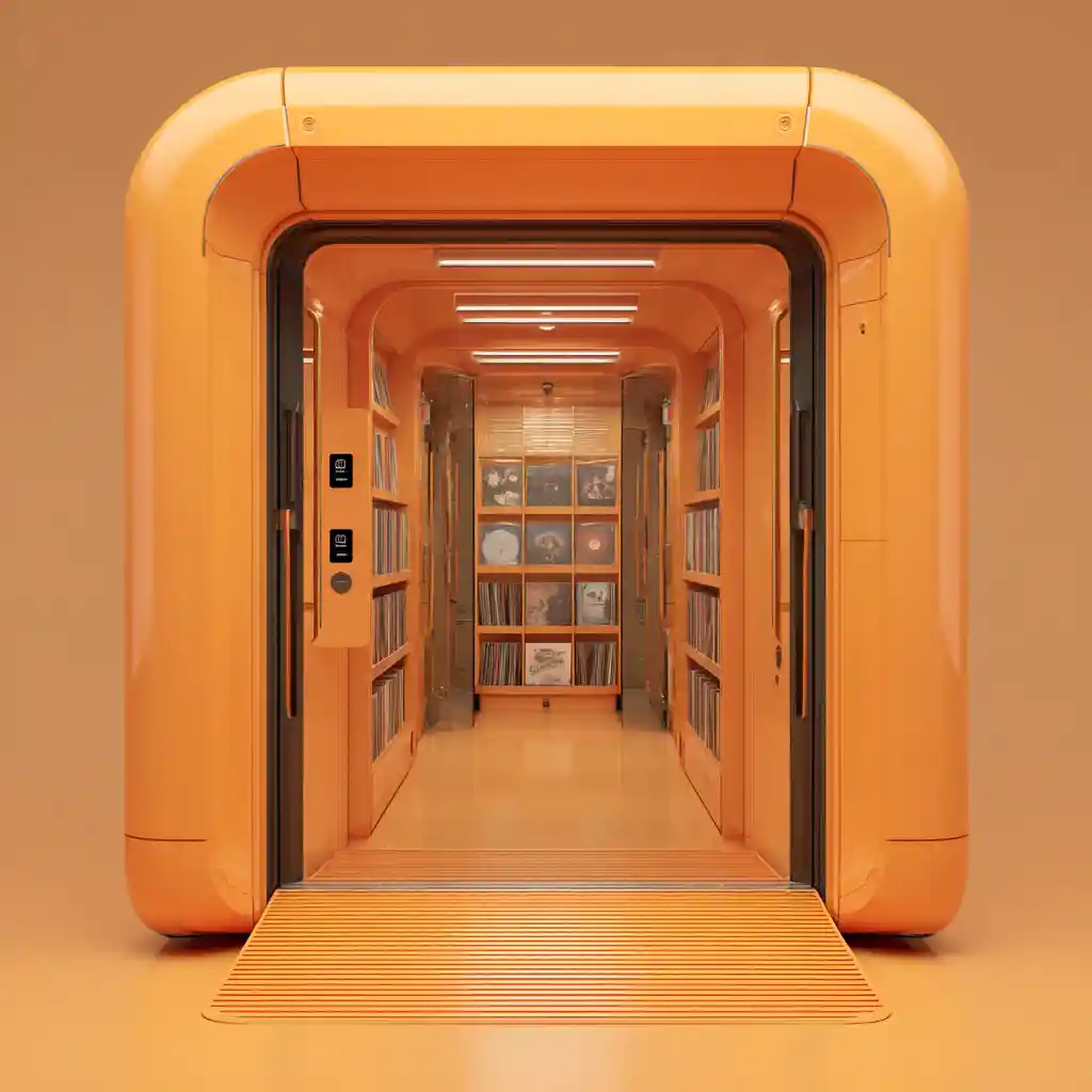Front view of futuristic elevator with tiny record shop