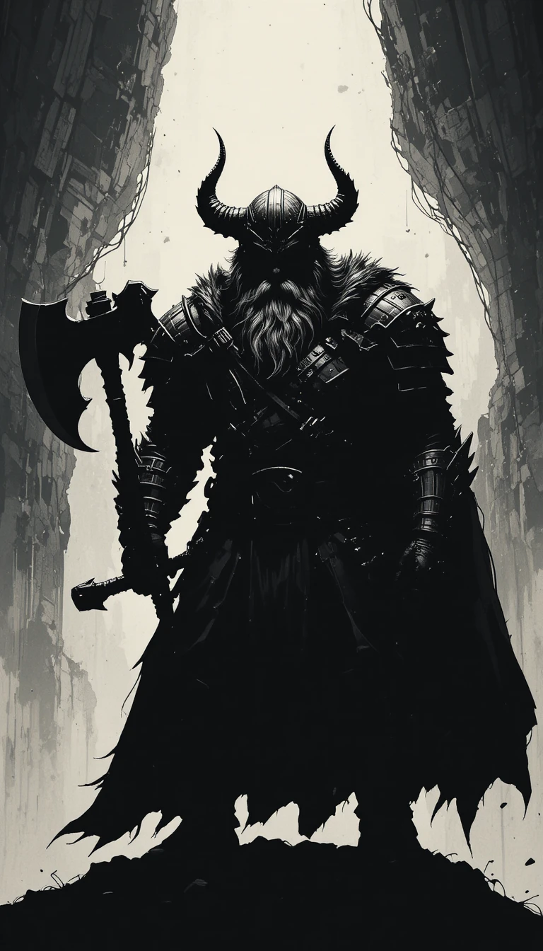 Armored dwarf warrior with horned helmet and double axe