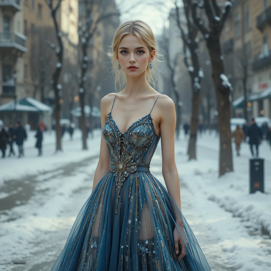 Femme élégante en robe d’hiver solaire surréaliste en ville