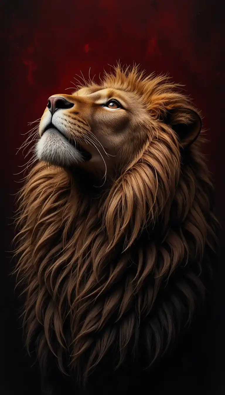 Lion Portrait Looking Upward Against Dark Crimson Background