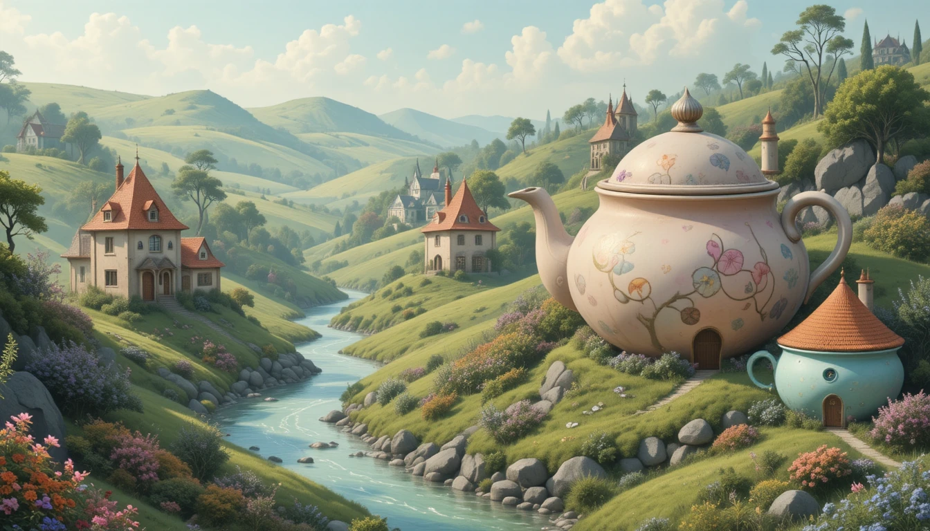 Cidade Fantasiosa de Bules em um Vale Pastel de Sonho