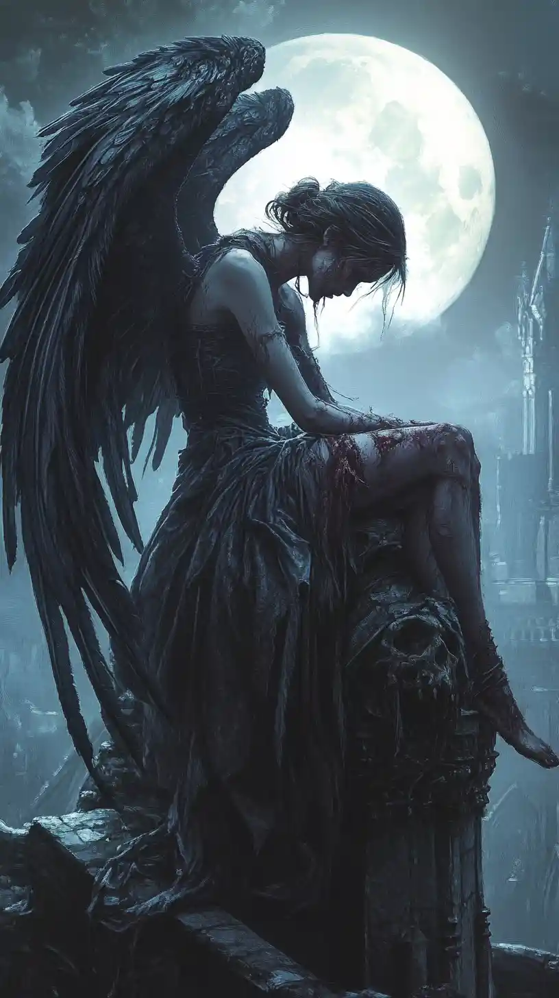 Fallen angel in despair on a crumbling gothic gargoyle