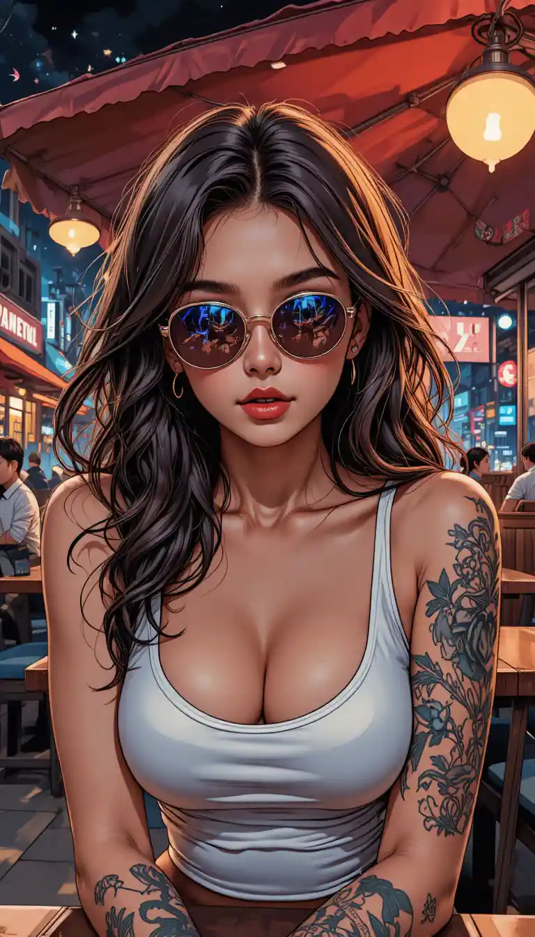 Tattooed girl in sunglasses at night street restaurant
