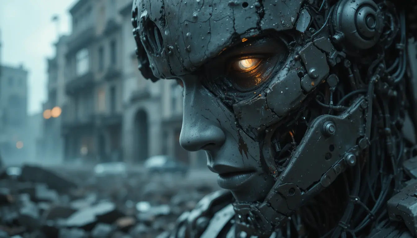 Damaged Combat Robot Face In A Ruined City Close Up