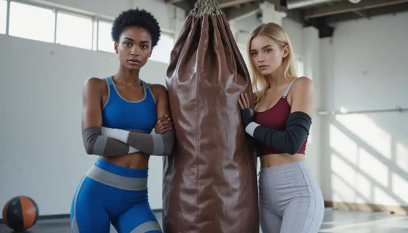 Duas mulheres atléticas posando ao lado de um saco de pancadas na academia