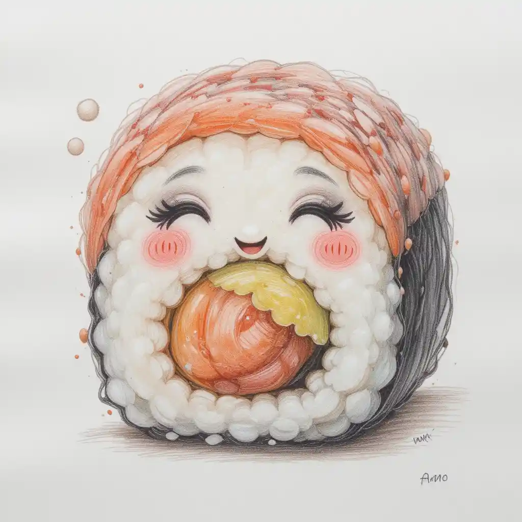 Cheerful Sushi Roll Pencil Drawing On White Background