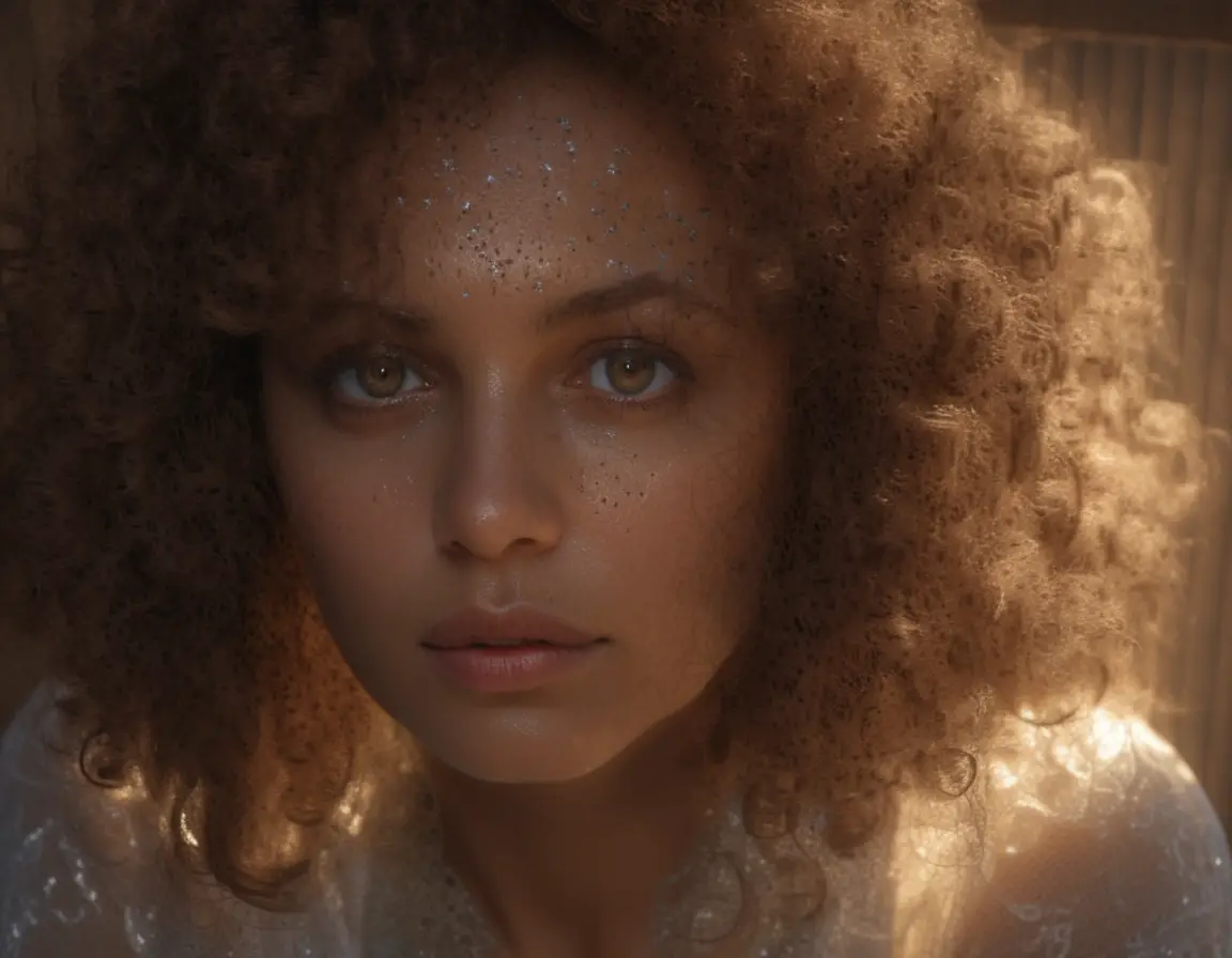 Ancient style woman portrait with gemstone chains and curls