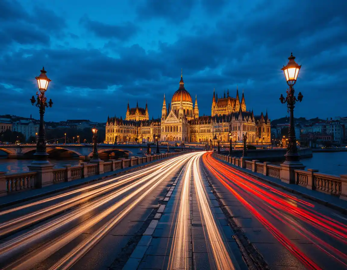 Il Ponte delle Catene a Budapest che brilla al crepuscolo sopra la città