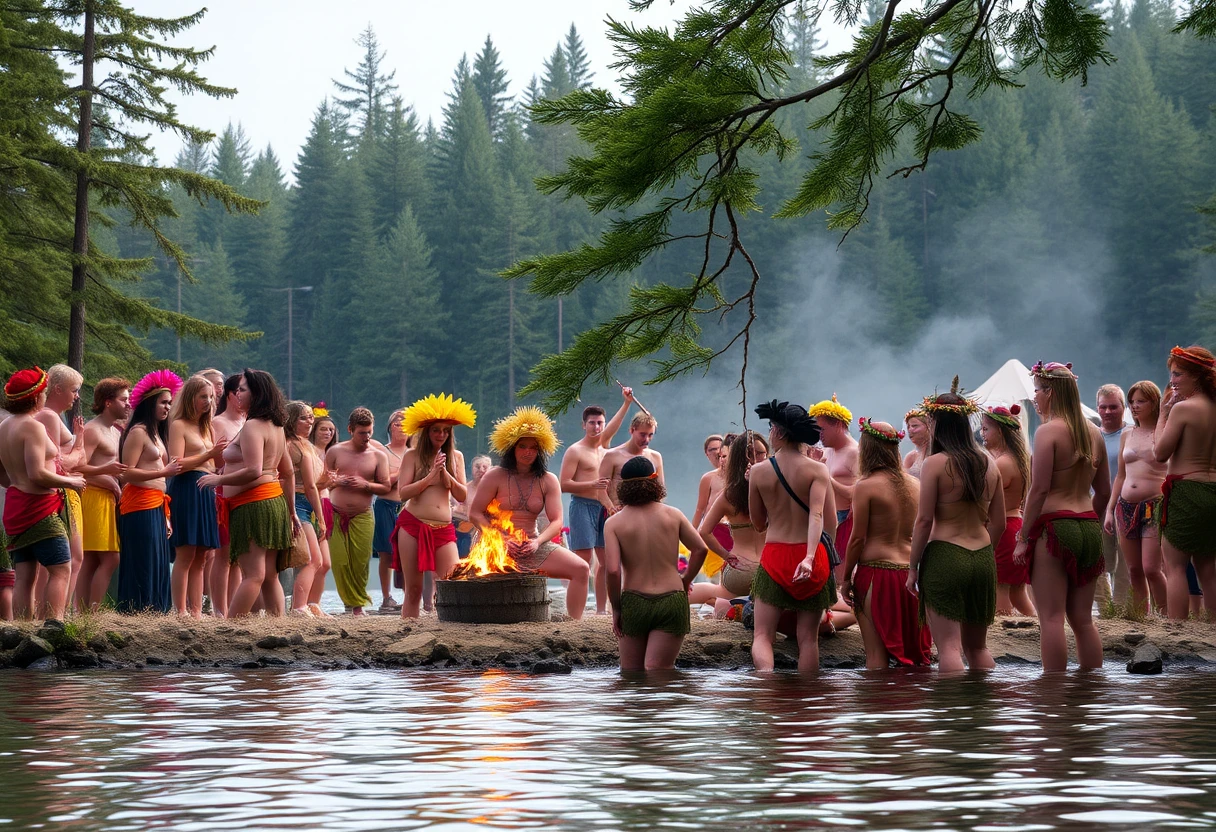 Anhänger des Bacchus feiern bei einer Waldseelandschaft