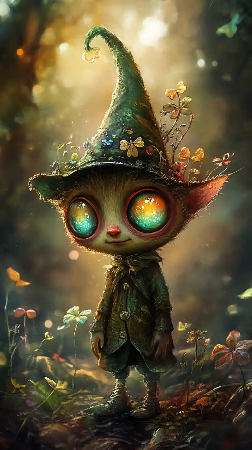 Leprecauno neonato con occhi sfumati scintillanti in illustrazione fantasy