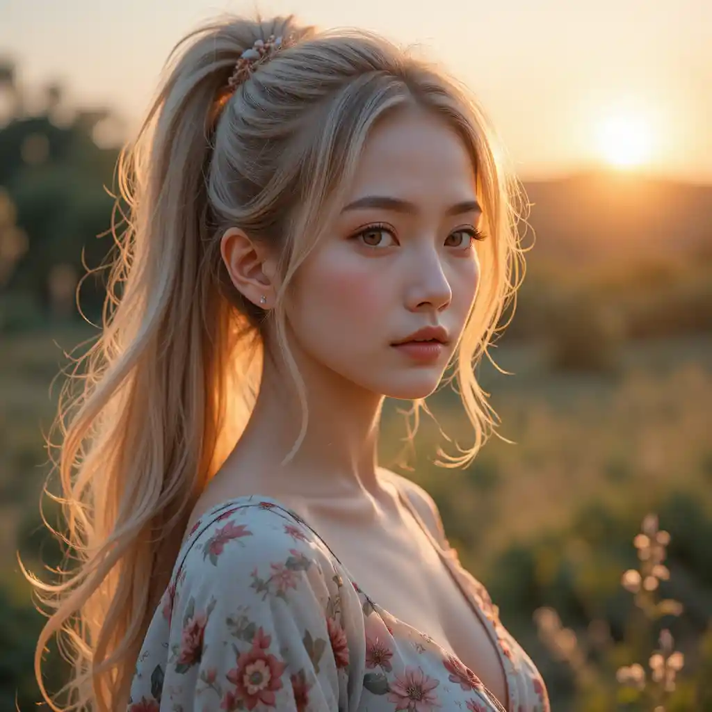 Young woman in floral dress at dreamy sunset
