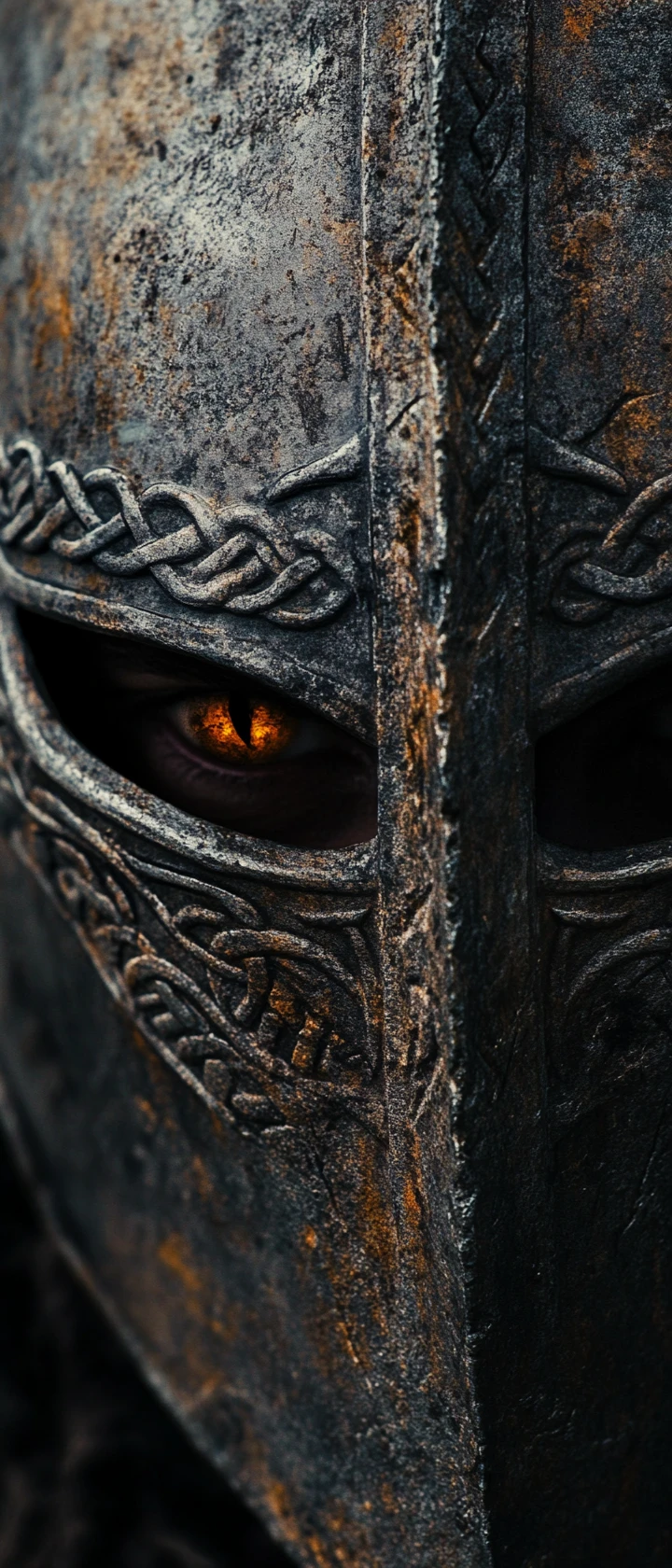 Close up of monster eyes behind ancient steel helmet