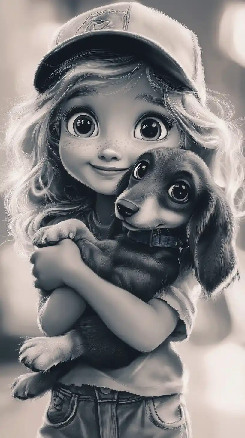 Niña pequeña abrazando a un cachorro de dachshund en un retrato suave a tinta