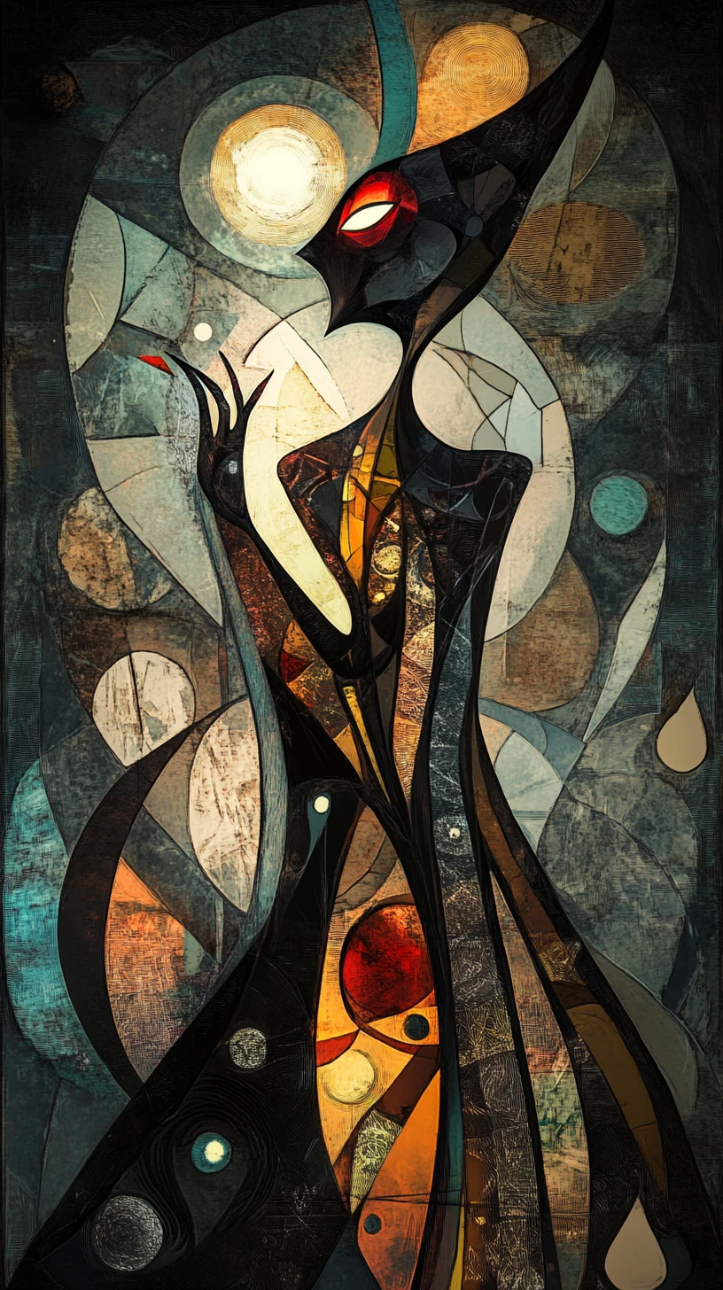 Mystische Gestalt in einem dunklen Raum mit leuchtender Kugel