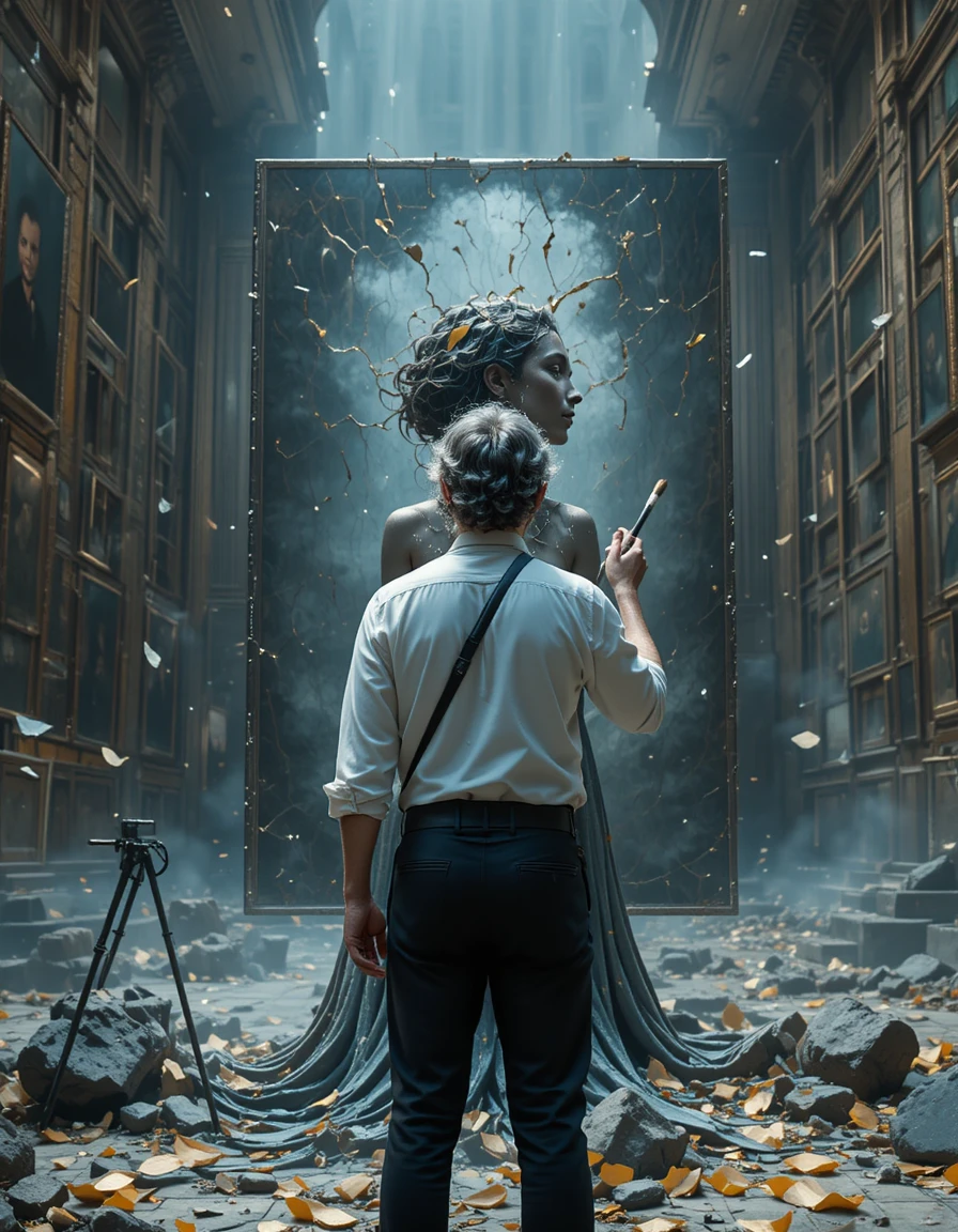 Middle aged man painting in a vast luminous hall