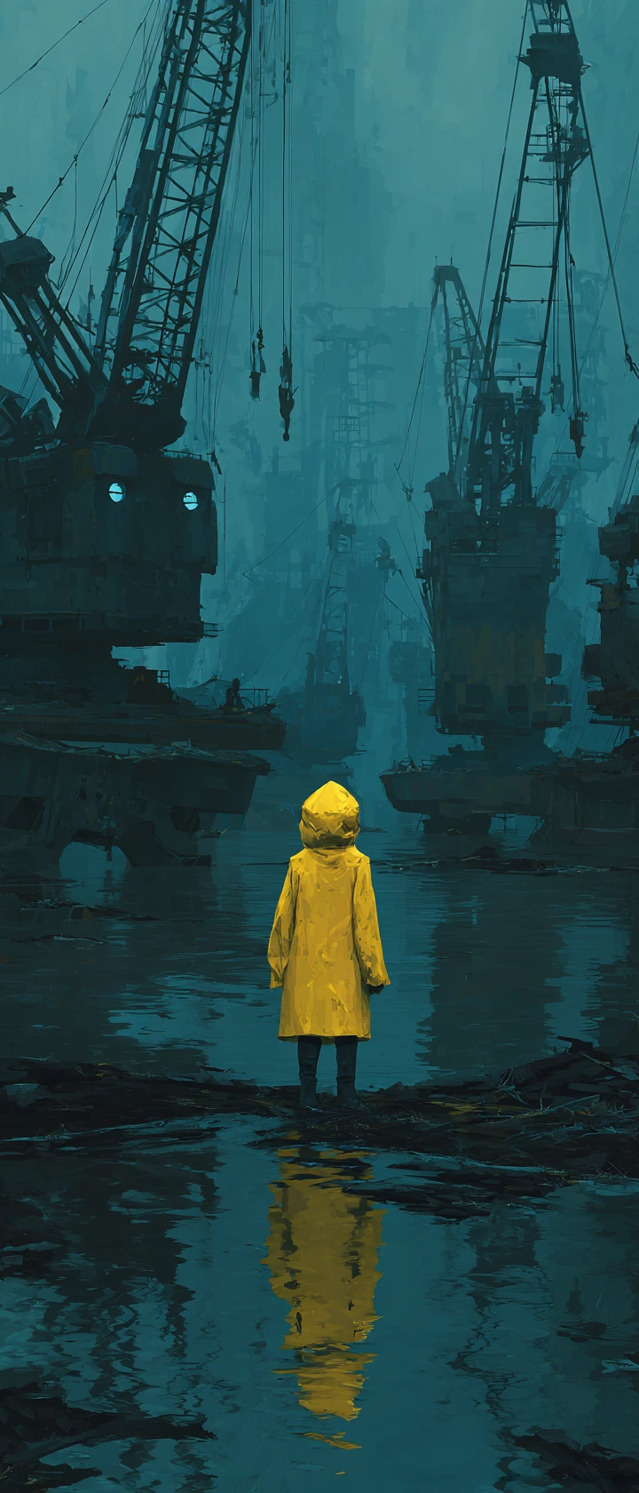 Boy In Yellow Raincoat Overlooking Flooded Quarry Ruins