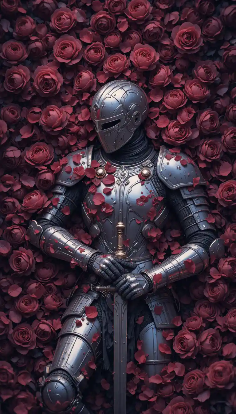 Caballero de anime tumbado en un campo de flores granate oscuro