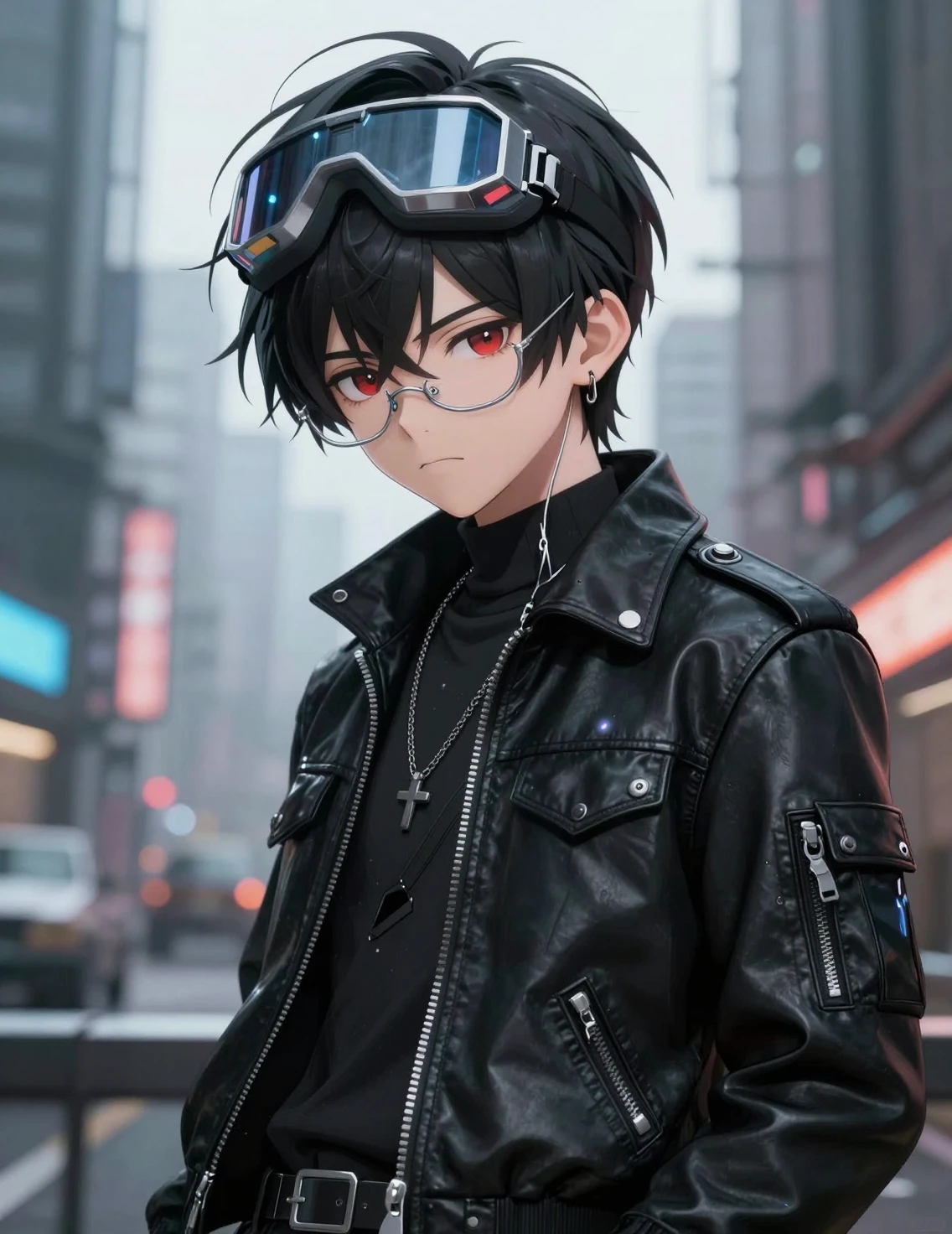 サイバーパンク衣装のアニメ少年がディストピア都市の路地に立つ