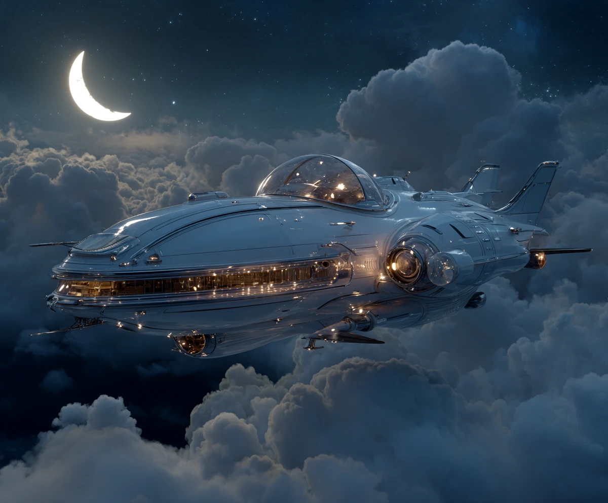 Dirigibile futuristico che fluttua sopra un oceano di nuvole al chiaro di luna