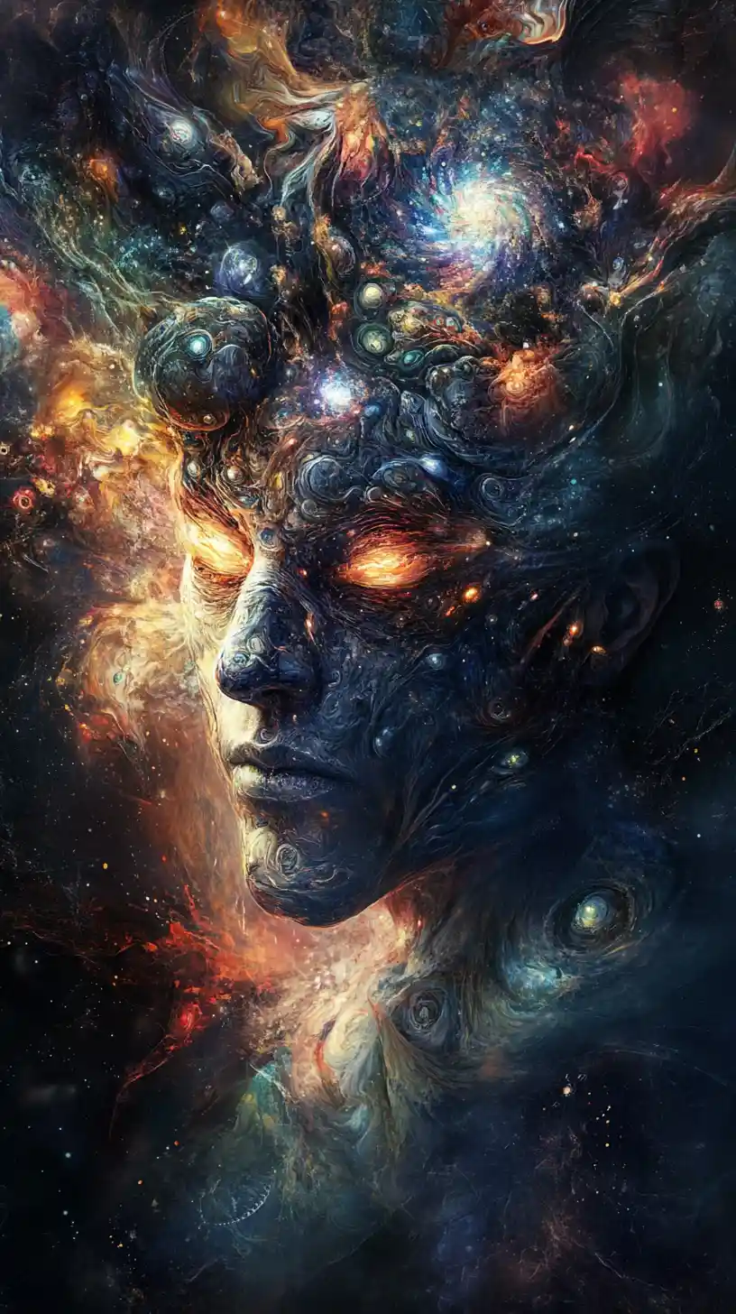 Cyberpunk alien fused with machine in surreal dark realm