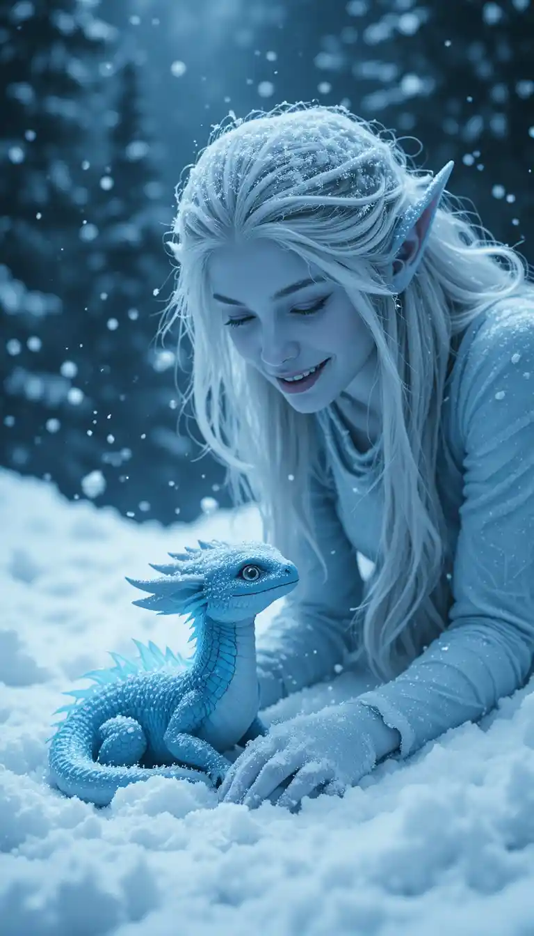 雪の中で出会うエルフと赤ちゃん氷竜