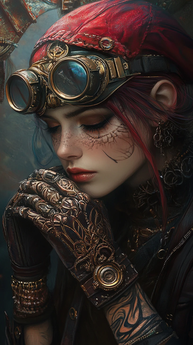 Androgynous woman in steampunk attire with melancholic gaze
