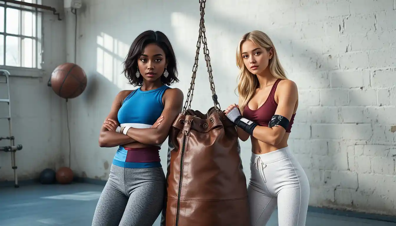 Due donne atletiche posano accanto a un sacco da boxe in pelle