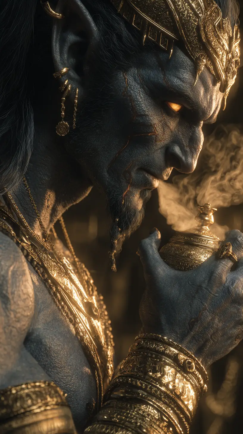 Ancient fire djinn rising from ornate golden lamp