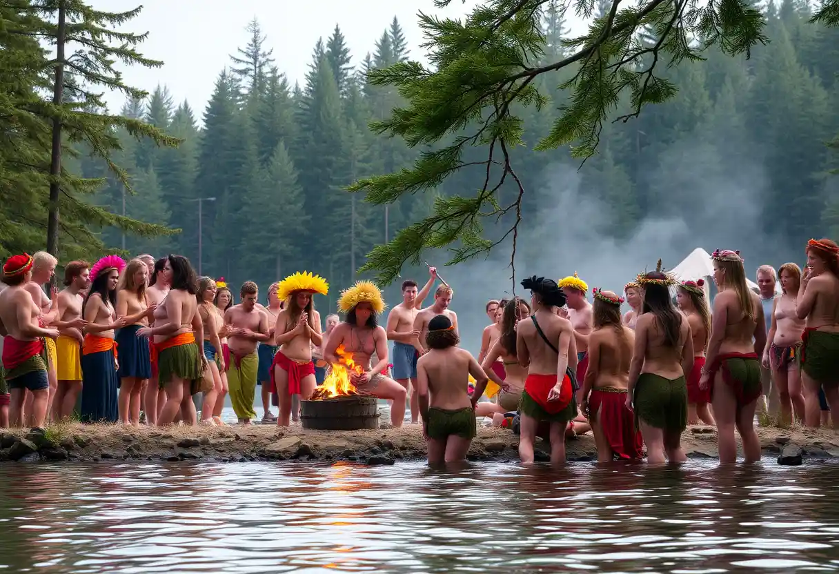 Bacchus followers celebrating by a forest lakeside gathering