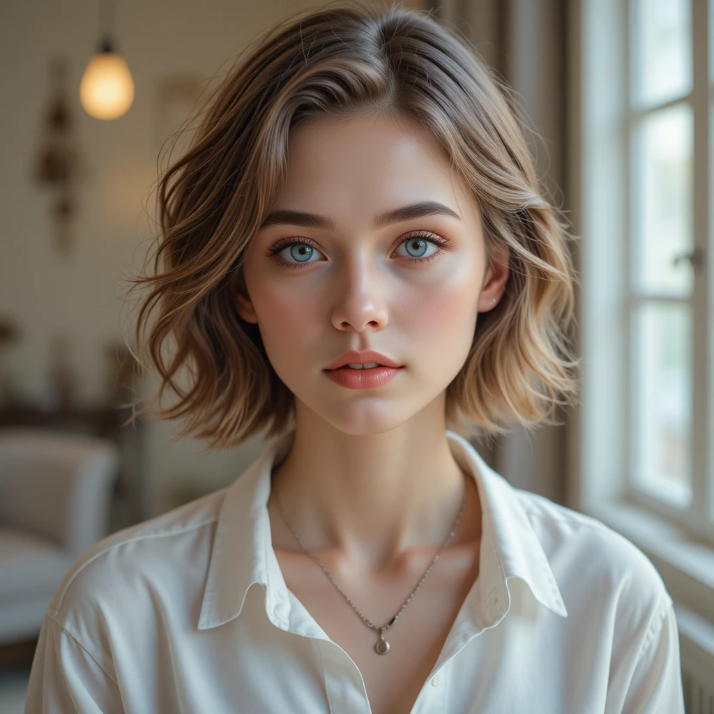 室内のやわらかな窓辺の光に照らされた若い女性のポートレート