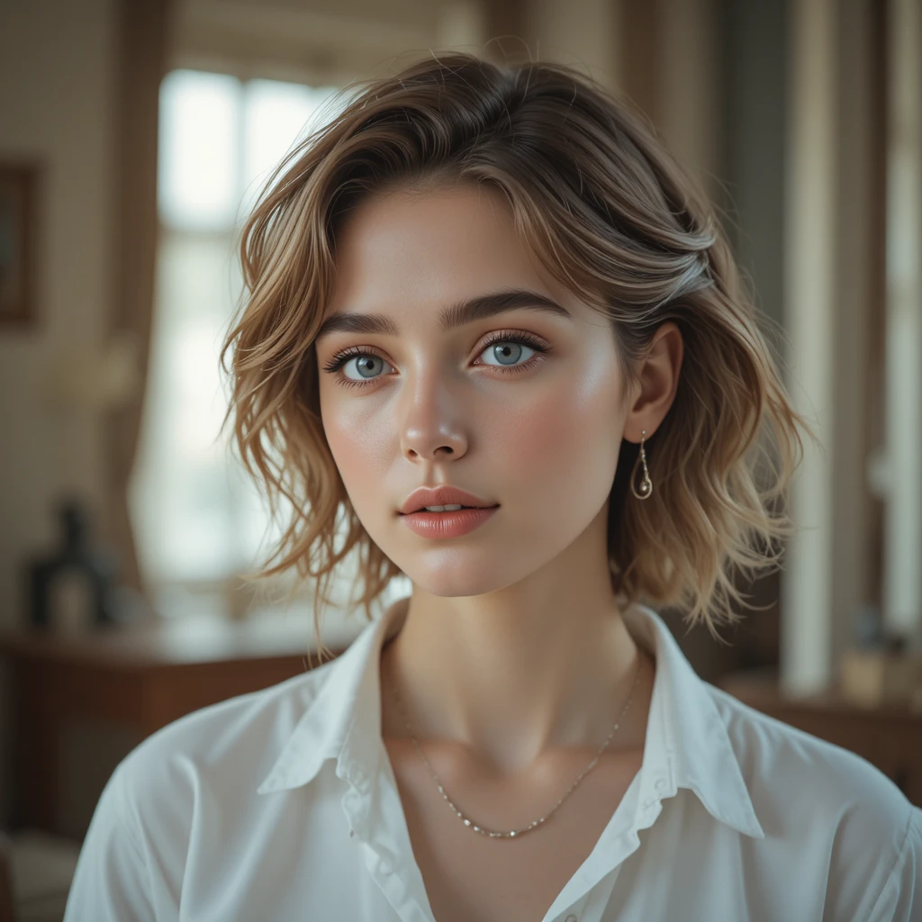 Portrait d’une jeune femme à la douce lumière du jour d’une fenêtre, en intérieur