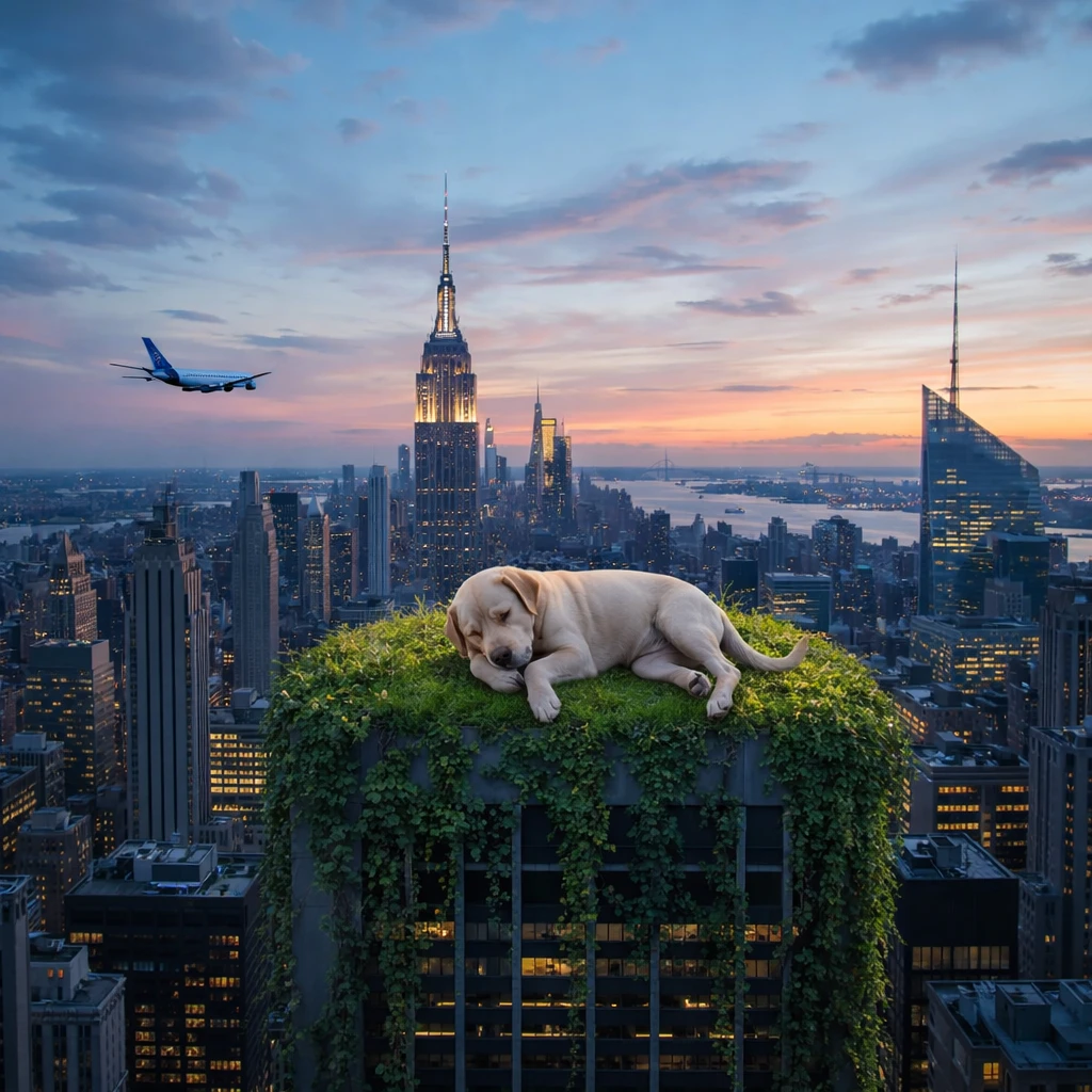 Chien se reposant sur le toit herbé d’une maison