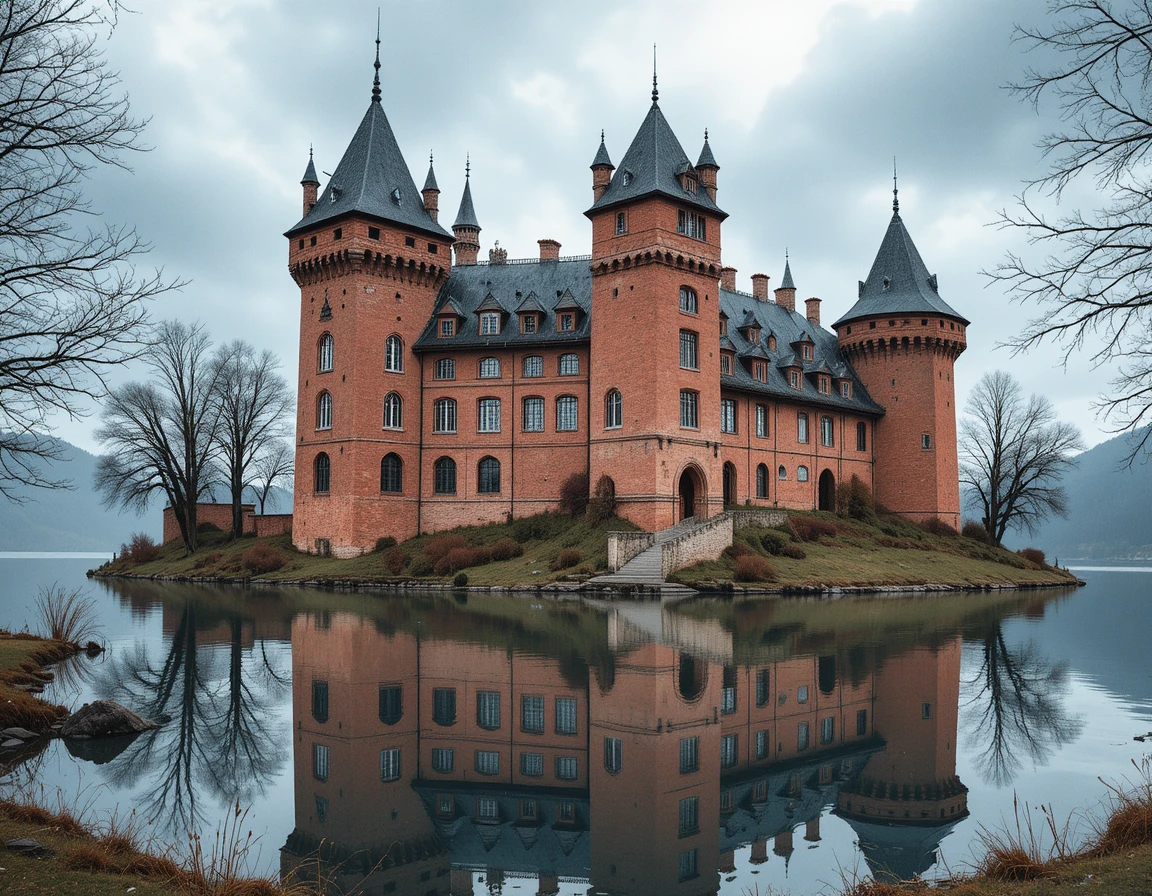 Medieval red brick castle reflected in a calm lakeside