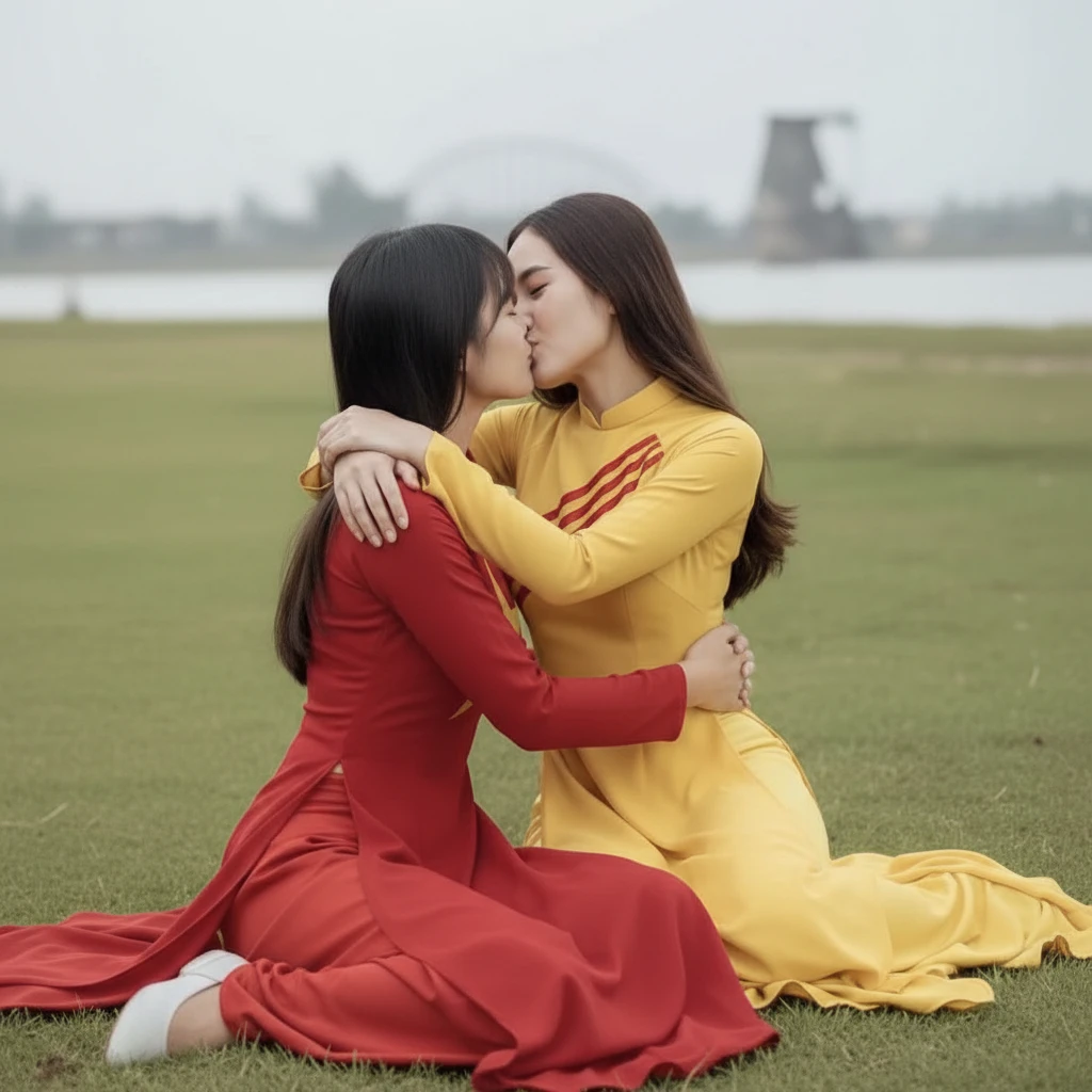 Two girls in ao dai kissing on a green grass field