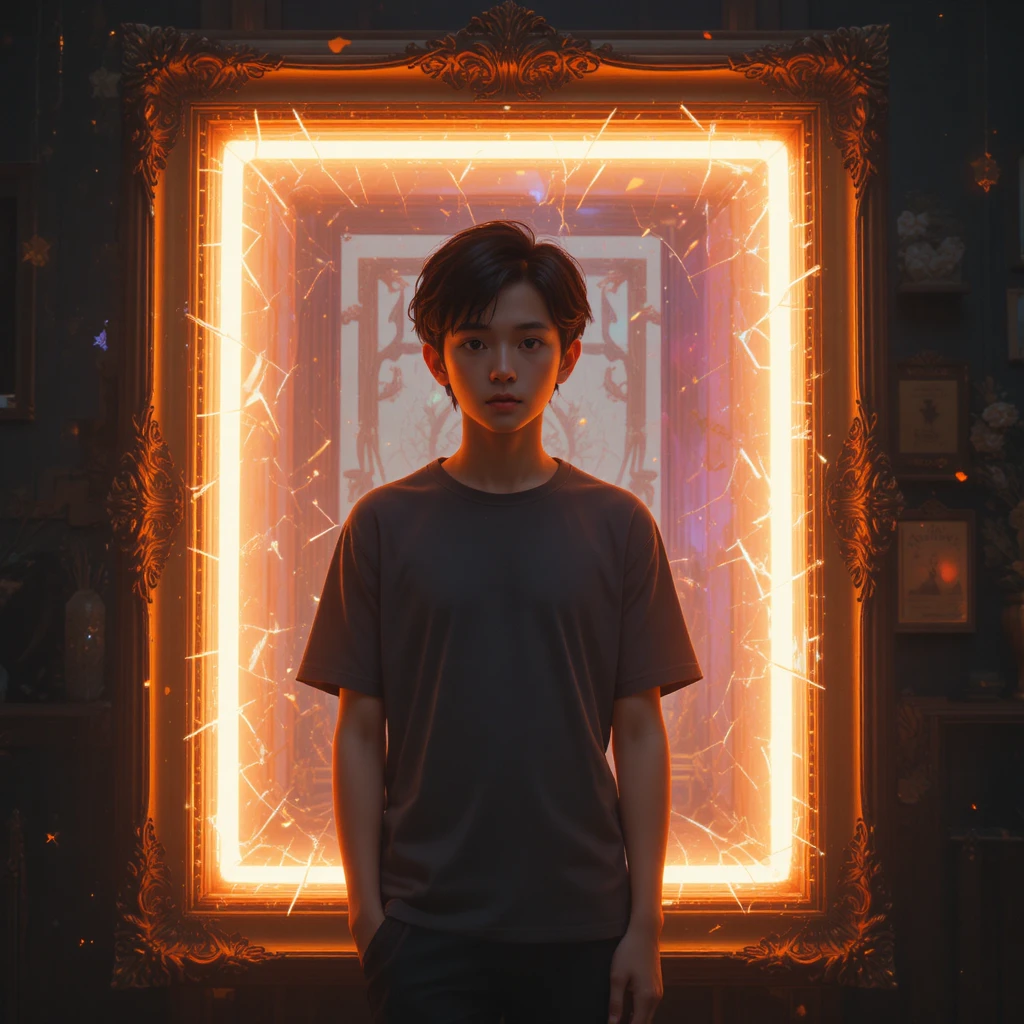 빛나는 초현실 프리즘에 갇힌 외로운 소년 일러스트