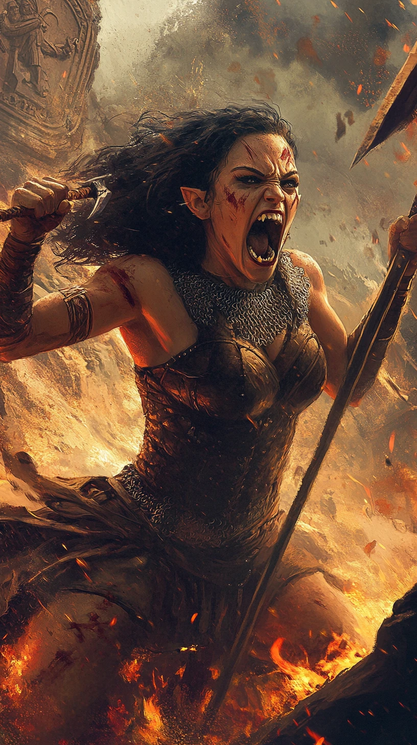 Fierce orc warrior woman shouting with raised spear