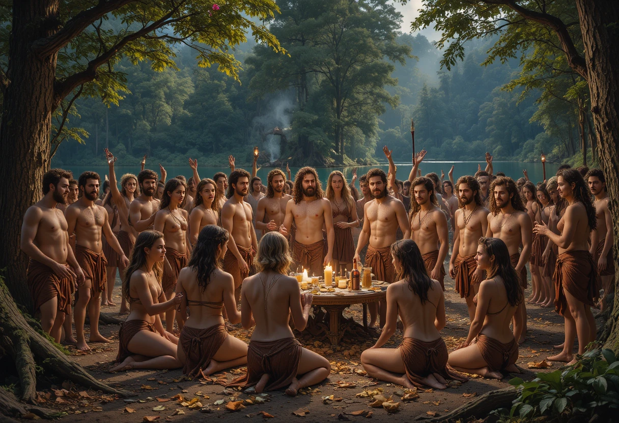 Bacchus followers celebrating beside a quiet forest lake