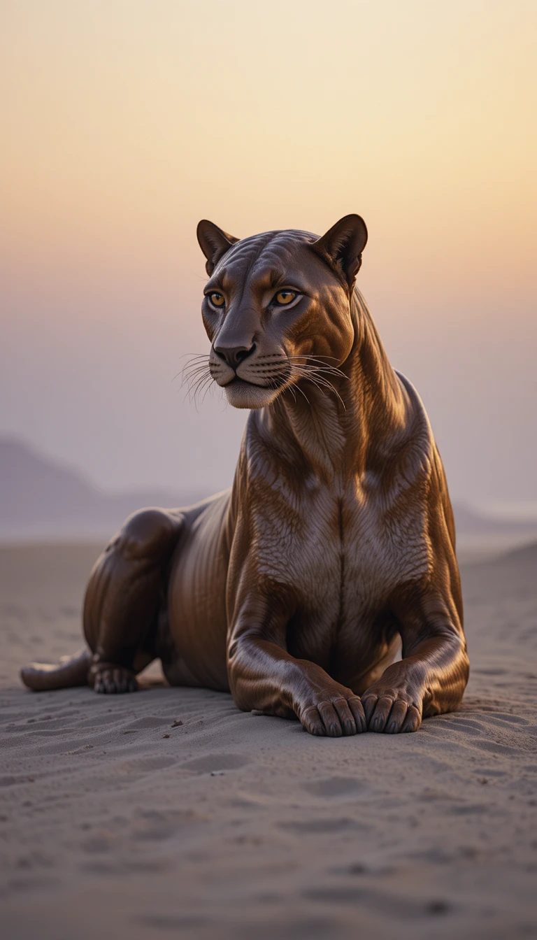 Golden bronze panther resting on pale sand at sunset