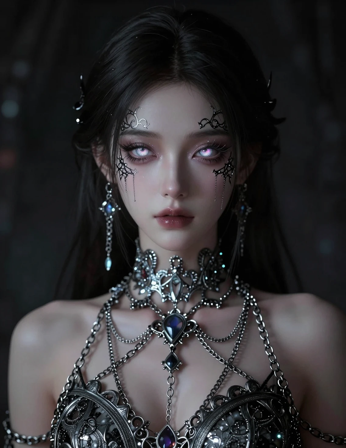 鎖を纏ったエーテルのような女性のゴシックファンタジーポートレート