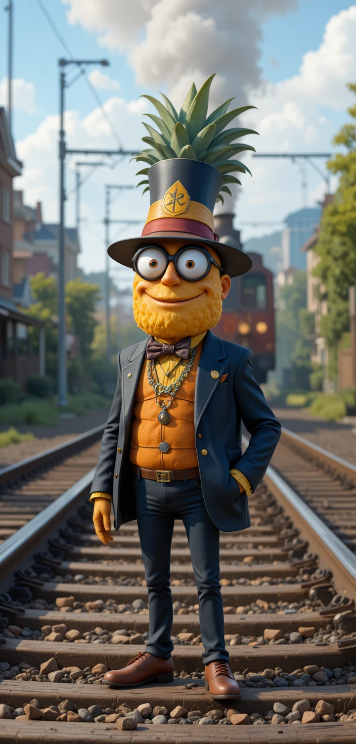 Rap style pineapple character walking along a railway track