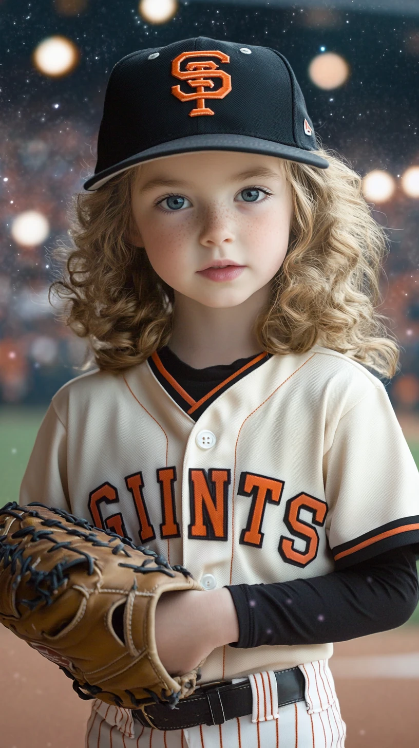 Dreamy young girl in a San Francisco baseball uniform